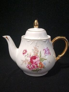 White Floral Porcelain Teapot with Gold Handle and Trim